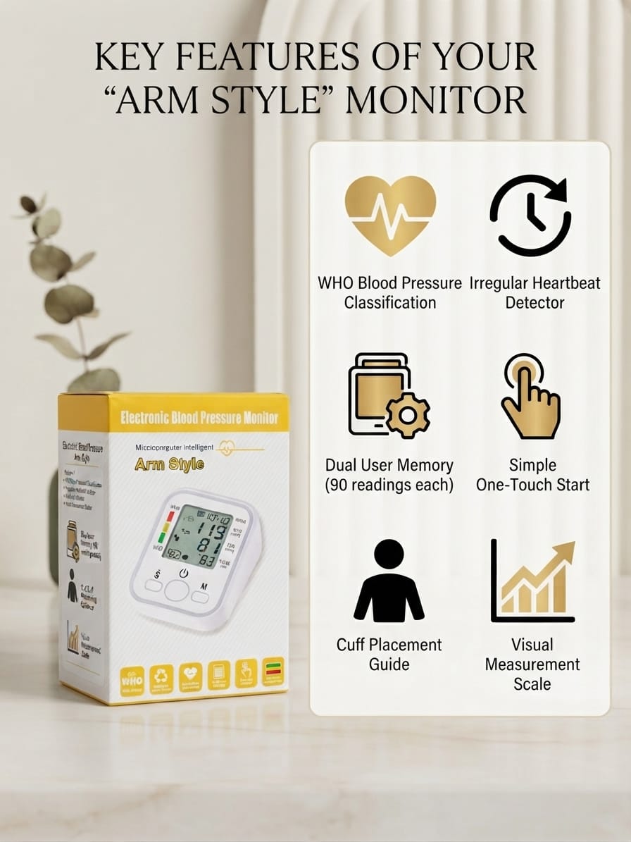Automatic Upper Arm Blood Pressure Monitor with Digital LCD Display