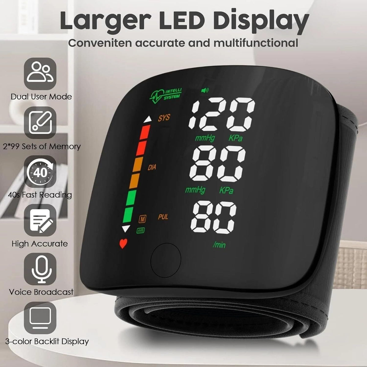 Rechargeable Wrist Blood Pressure Monitor – Digital LED Display with Memory
