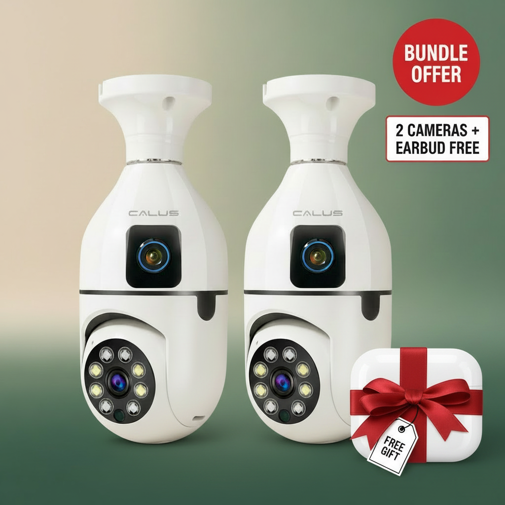 2-Pack 360° WiFi Security Camera Bundle + Free iPhone-Compatible Earbuds