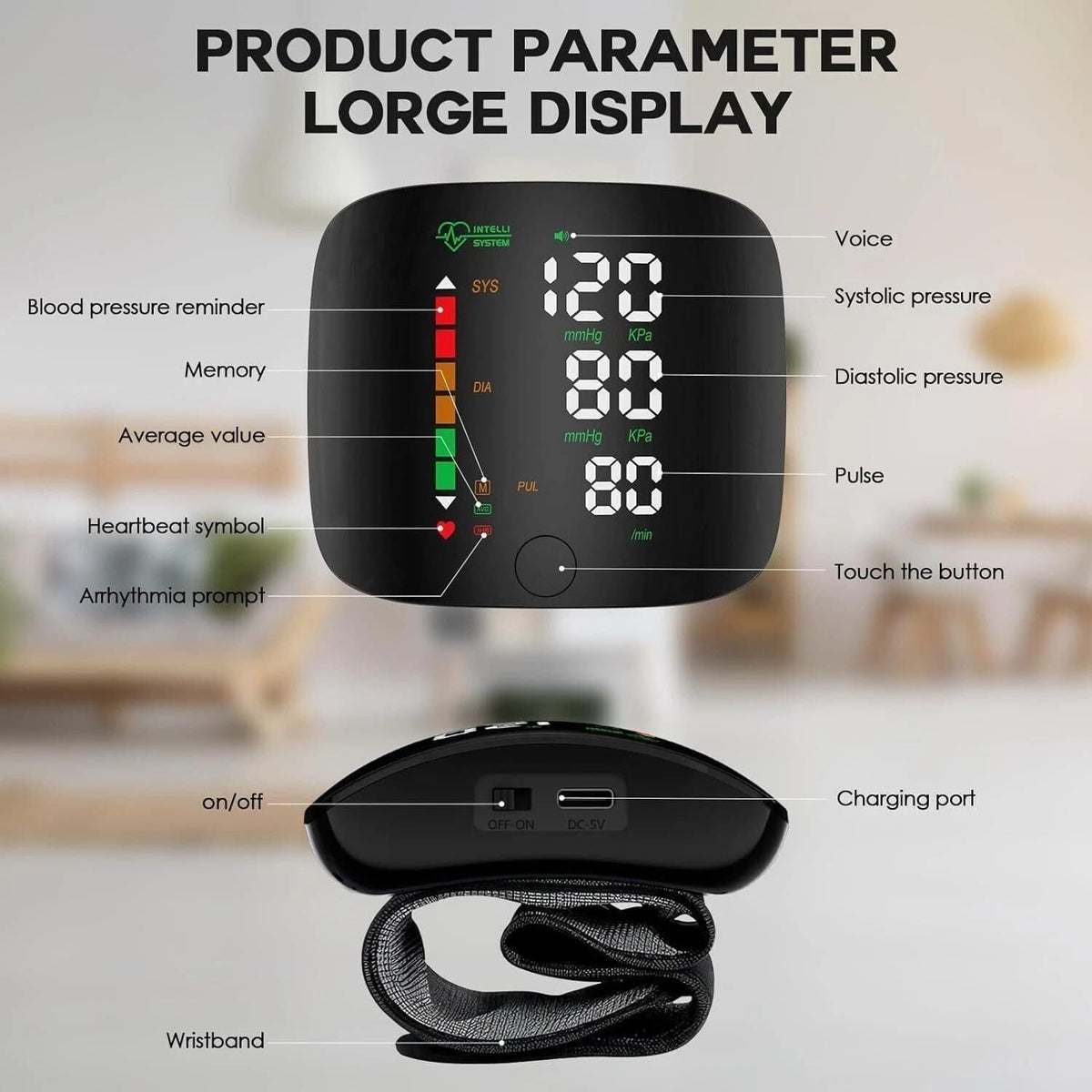 Rechargeable Wrist Blood Pressure Monitor – Digital LED Display with Memory