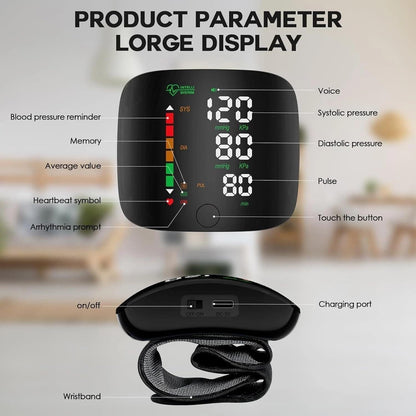 Rechargeable Wrist Blood Pressure Monitor – Digital LED Display with Memory