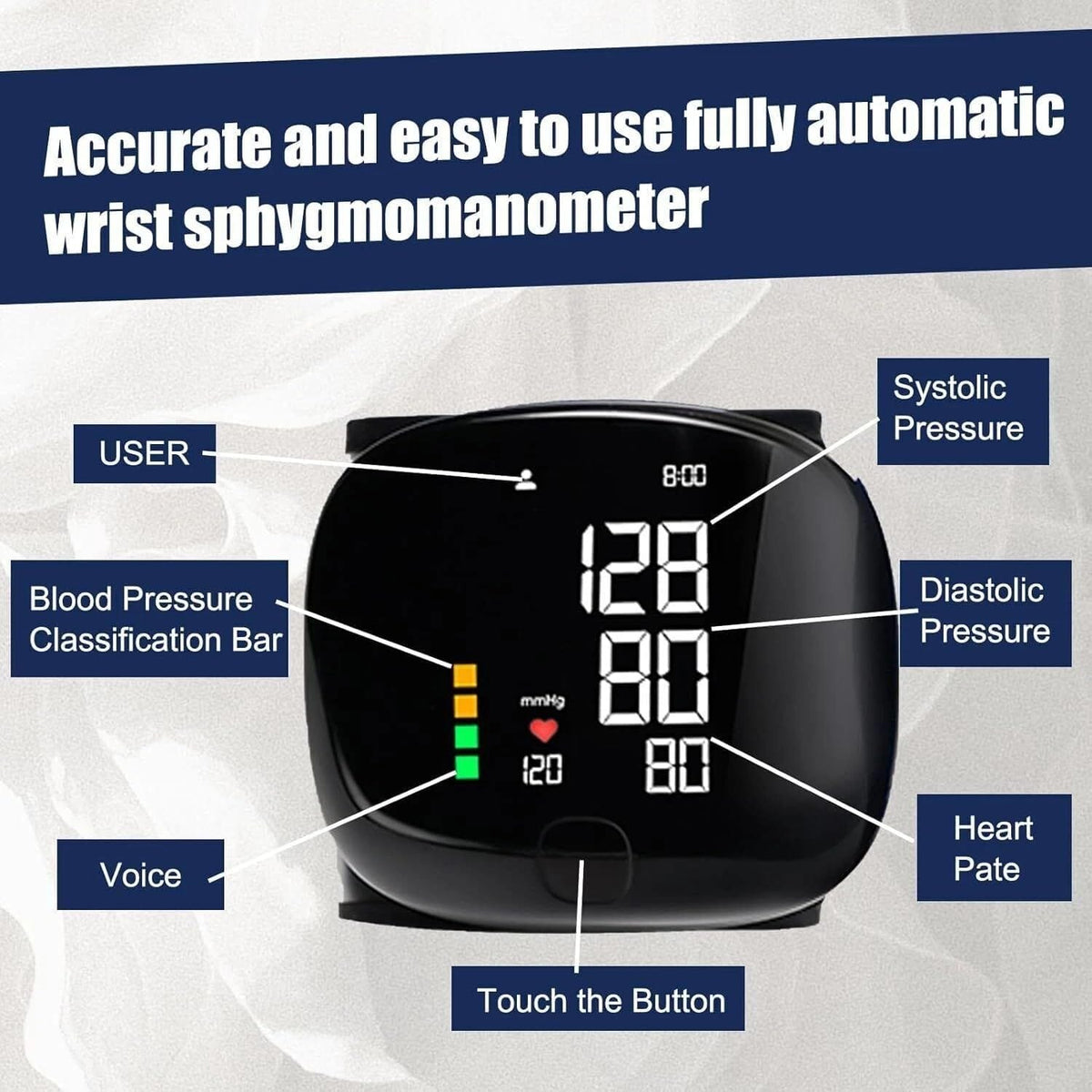 Rechargeable Wrist Blood Pressure Monitor – Digital LED Display with Memory