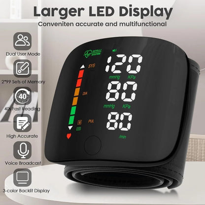 Rechargeable Wrist Blood Pressure Monitor – Digital LED Display with Memory