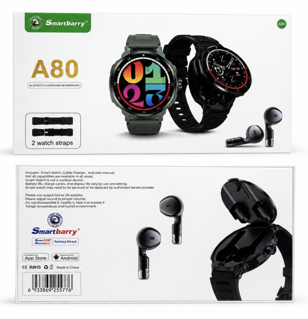 Smartbarry A80 Smartwatch with Built-in TWS Earbuds | Fitness Tracker