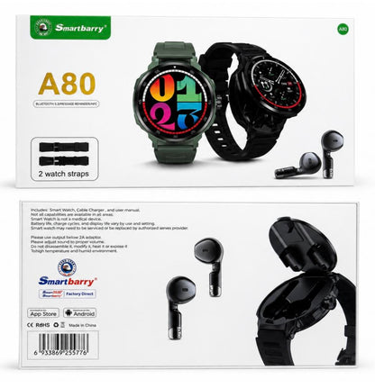 Smartbarry A80 Smartwatch with Built-in TWS Earbuds | Fitness Tracker
