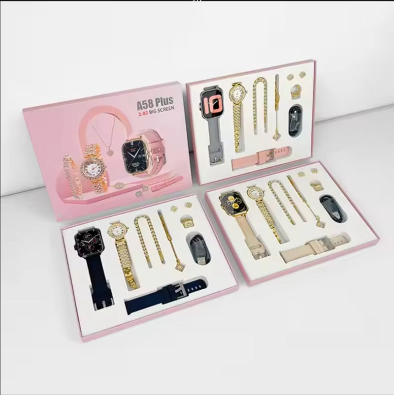 A58 Plus Smartwatch & Luxury Fashion Jewelry Combo Box Set