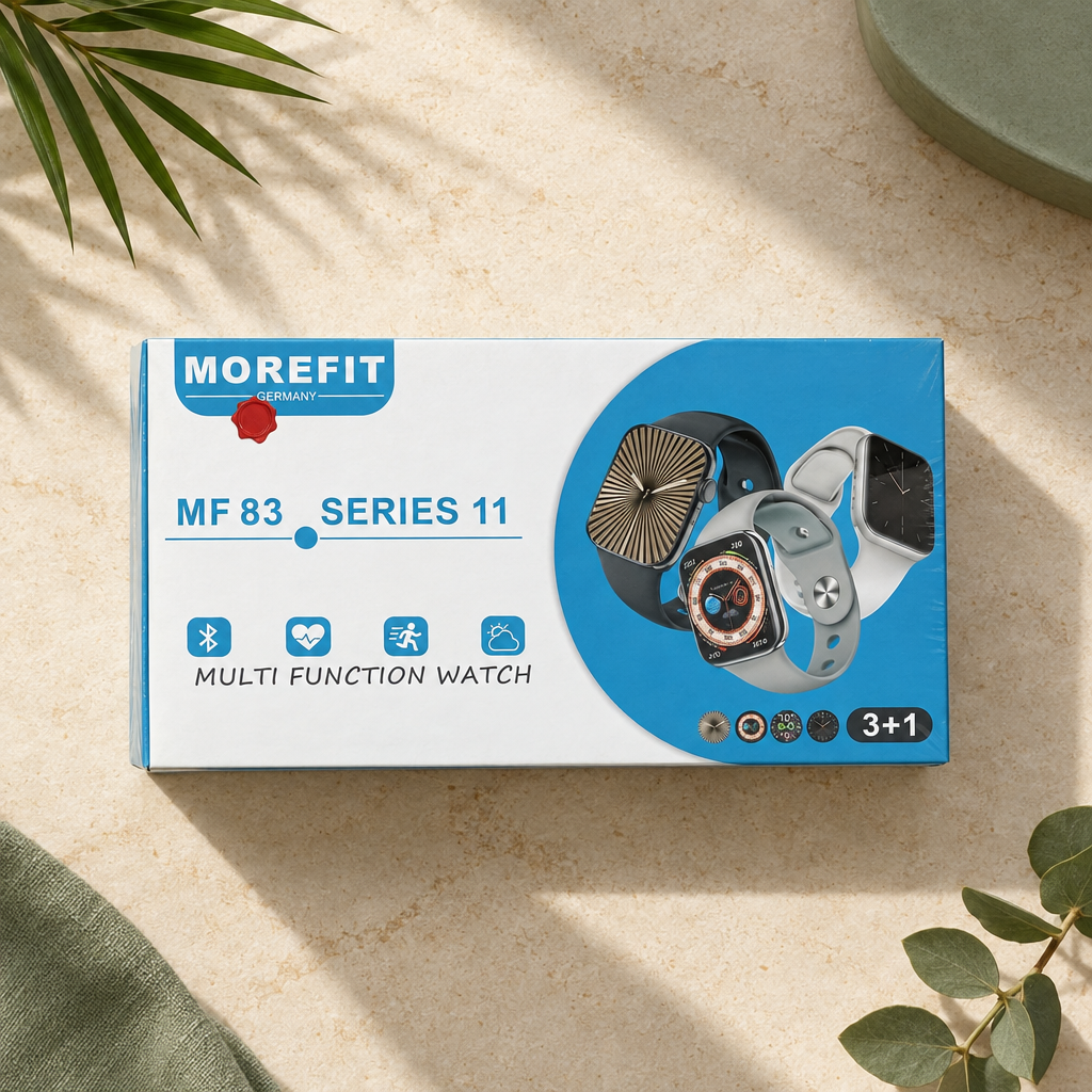 Morefit MF 83 Series 11 smartwatch kit box on a warm cream background