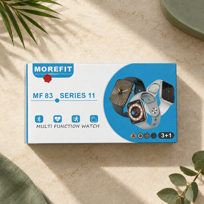 Morefit MF 83 Series 11 smartwatch kit box on a warm cream background