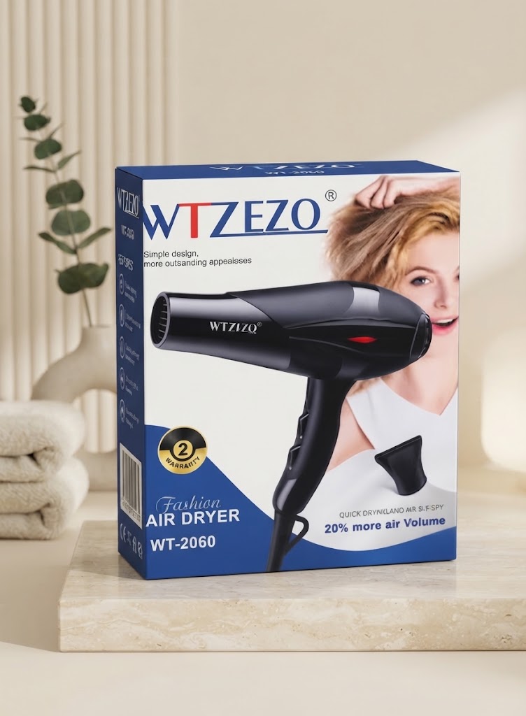 WTZEZO Hair Dryer WT-2060 – Fast Drying with Concentrator Nozzle | Black